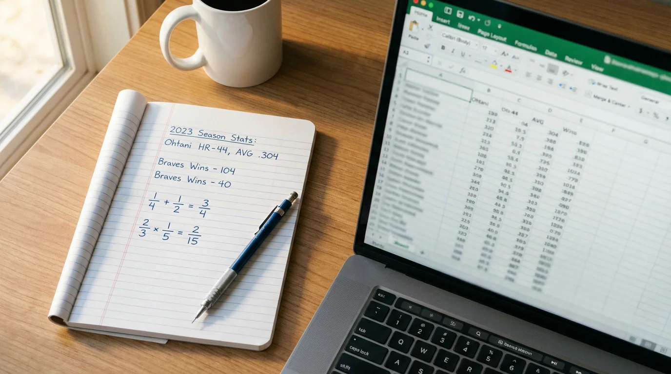 Notizbuch mit handschriftlichen Baseball-Statistiken und Quotenberechnungen neben einem Laptop