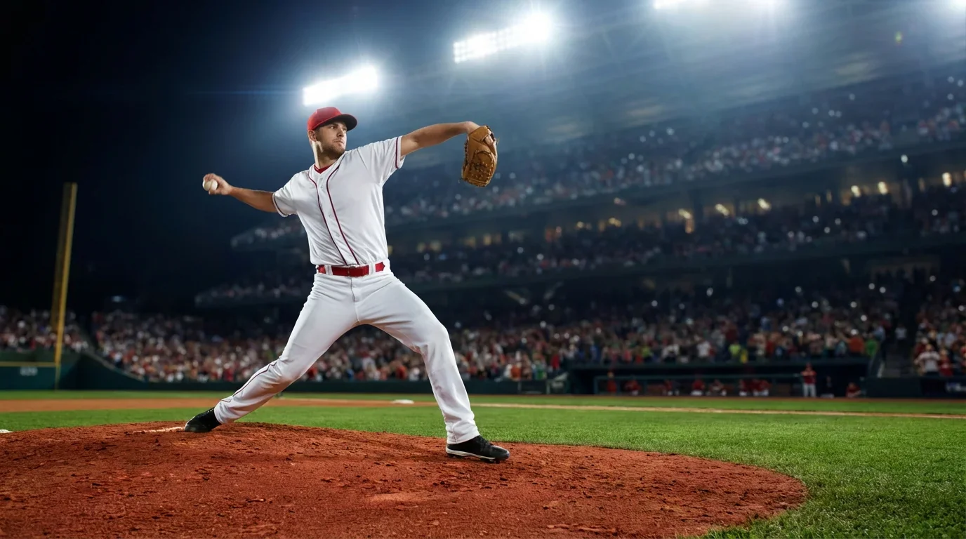Starting Pitcher beim Wurf auf dem Mound in einem MLB-Spiel unter Flutlicht