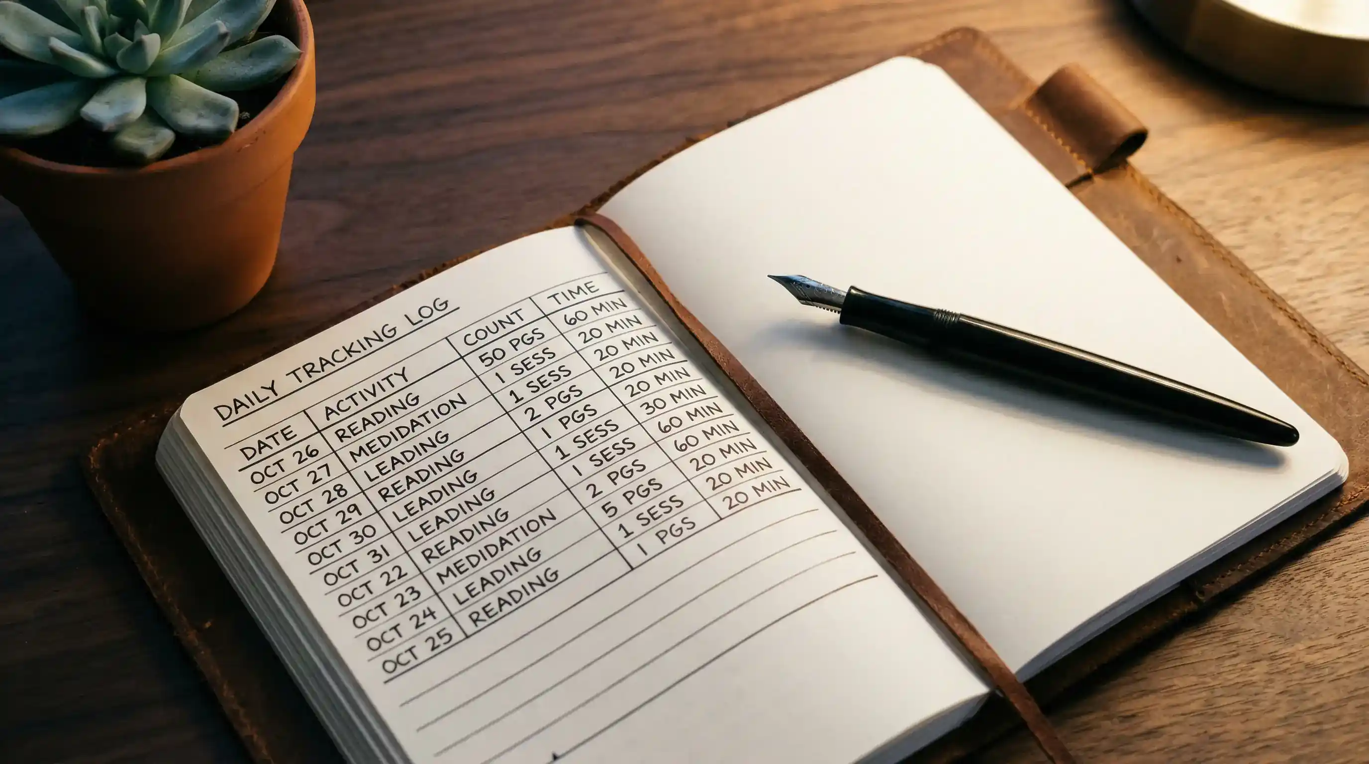 Aufgeschlagenes Notizbuch mit Stift und dokumentierten Wettergebnissen auf einem Schreibtisch